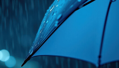 Close up view of blue umbrella in rain. Water droplets cover surface. Dark background with bokeh effect. Rainy day outdoors. Protection from heavy shower. Rainy season. Abstract view. Blue color