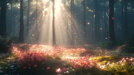 Wall Mural - Sunbeams illuminate a magical forest floor covered in pink flowers and falling petals.