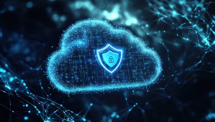 A cloud with a shield icon floating in digital space, surrounded by glowing blue light and tech patterns Generative AI