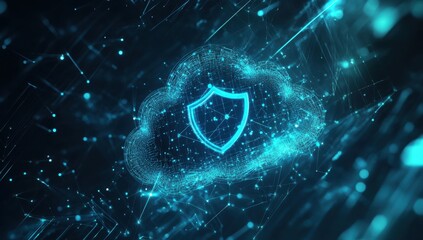Digital background featuring an icon of a cloud with a shield symbol, representing data security in a virtual environment Generative AI