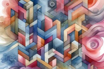 Wall Mural - Intricate abstract geometric composition with interlocking shapes and vibrant colors, blending watercolor textures and linear patterns