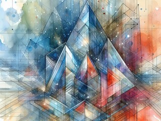 Wall Mural - Futuristic abstract geometric cityscape with intricate architecture and vivid colors, blending angular shapes and watercolor textures