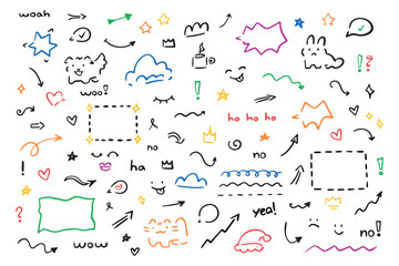 Poster - Hand drawn set of simple decorative elements. Various icons such as hearts, stars, speech bubbles, arrows, lines isolated on white background.