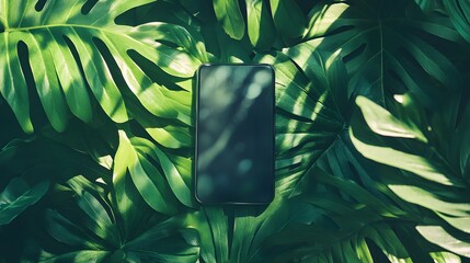 Wall Mural -  There is a smartphone surrounded by tropical foliage on a green background The sunlight casts shadows on the smartphone's screen