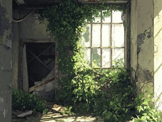 Poster - Overgrown ruins: vines, window, decaying walls.