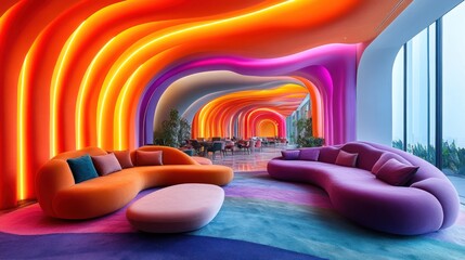 Wall Mural - Vibrant colorful lobby with curved sofas and neon lighting.