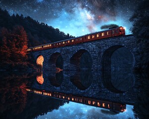 Wall Mural - Night Train Crossing Stone Bridge Under Starry Sky