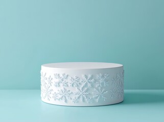 Canvas Print - A winter-themed 3D render showcasing a white podium adorned with blue snowflakes, set against a snowy backdrop with ice crystals. Perfect for holiday product displays, Christmas sales, and festive