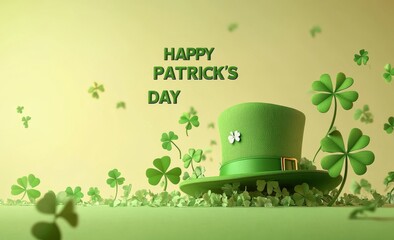 Wall Mural - A 3D St. Patrick's Day banner showcasing a clover shamrock and leprechaun hat against a light green backdrop. Perfect for festive Irish posters, greeting cards, and invitations to spring celebrations