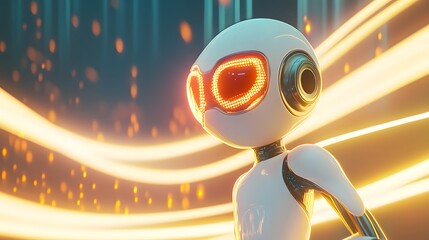 Wearing futuristic eyeglasses, the robot stands by a trail of light