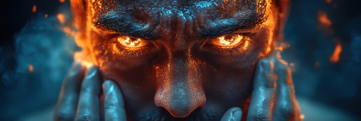 Canvas Print - Fiery Gaze and Intense Expression of a Person with a Focus on Burning Eyes and Emotion Expressed Through Vibrant Colors in a Digital Artwork