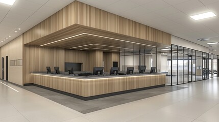 Wall Mural - Modern office reception area with wooden panels, sleek design and multiple computer stations, creating a professional business environment for client interactions and employee efficiency