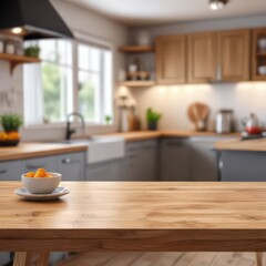 Clean empty table in blurred kitchen background, ready for products , tabletop, preparation, interior