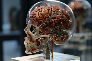 Poster - Transparent anatomical model of a human skull showing brain anatomy and circulatory system