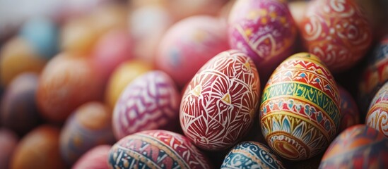 Detailed close-up of beautifully decorated Easter eggs showcasing vibrant colors and intricate patterns for festive seasonal celebrations.