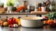 © Cyber Shutter - Enamel pan on kitchen counter surrounded by fresh seasonal vegetables healthy cooking and fall culinary backdrop concept