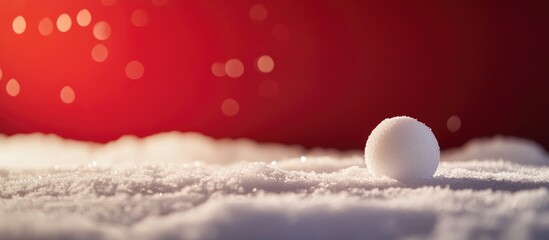 Wall Mural - white christmas ornament on snow with blurred red festive background creating a warm holiday atmosph