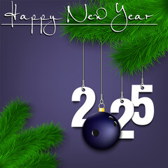 Wall Mural - Happy New Year. Numbers 2025 and bowling ball as a Christmas decorations hanging on a Christmas tree branch. Design pattern for greeting card, banner, poster, flyer, invitation. Vector illustration