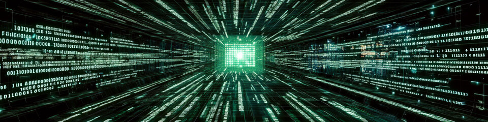 Binary code is displayed in a green digital tunnel, creating a futuristic and tech-focused atmosphere. Concept of digital data and cyber technology. For technology presentations