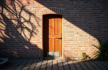 Brick wall with door. Shadow of plant on wall. Sunny day. Old building exterior. Simple structure. Grunge texture. Aged material. Warm colors. Outdoor scene. Simple design. Architecture photo.