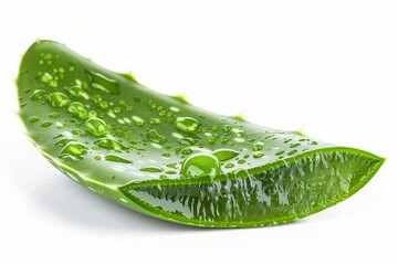 Wall Mural - Aloe vera plant leaf showing water drops and inner gel on white background