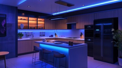 Wall Mural - Modern smart kitchen with AI-controlled appliances, seamless design, clean lines, ambient lighting, and ultra-realistic textures