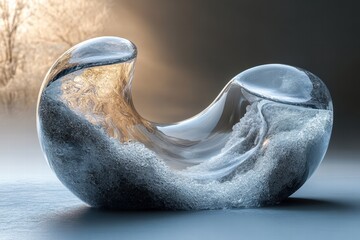 Poster - Water flows gracefully through a transparent infinity-shaped sculpture in a calming atmosphere