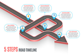 Isometric navigation map infographic 5 steps timeline concept. Winding road.