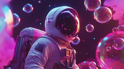 astronaut in vibrant cosmic landscape with bubbles