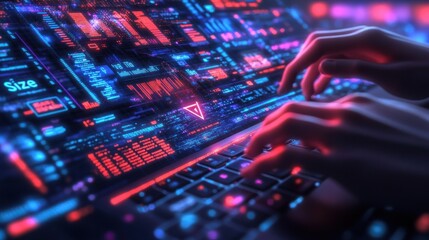 Hands typing on laptop with futuristic holographic interface.