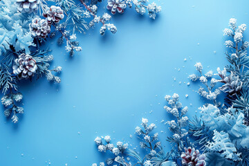 Wall Mural - Festive blue Christmas background with pinecones and snowy foliage for advertising