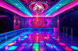 © Maryna - Vibrant disco dance floor glows with colorful lights. Retro party atmosphere in nightclub. Shiny tiles reflect electric lights. Energetic, dynamic scene for celebration. Glamorous decor evokes