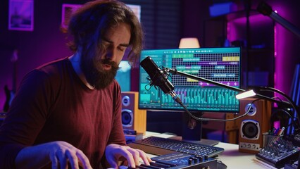 Fototapete - Music producer playing his song on piano keyboard and singing at microphone, recording soundtrack to edit on mixing console. Composer working with synthesizer in home studio. Camera B.