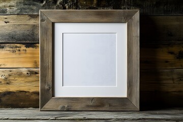 Rustic wooden frame with blank white insert against weathered wood background.