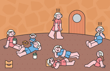 Wall Mural - Korean jjimjilbang culture. People are relaxing in the hot sauna room, eating snacks and chatting. Cuttiny character with outline.