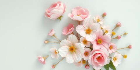 Wall Mural - Colorful spring flowers arranged beautifully on a white paper background, fresh, peaceful, bloom