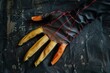 © juliars - Single work glove with exposed red stitching is lying flat on a black canvas