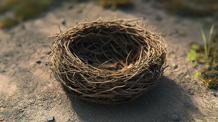 A simple bird's nest made of twigs, resting on the ground in a natural setting.