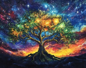 cosmic tree of life against a starry night sky