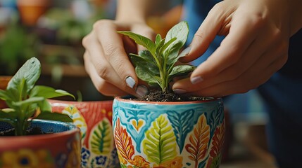 Planting a vibrant green plant in a colorful pot, home gardening, nurturing nature, hands gently placing a sprout, showcasing vibrant colors of the pot and leaves.