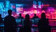 © Thanyana - A techdriven brainstorming session, illuminated by futuristic LED panels, holograms of data surrounding participants, modern corporate vibe, vibrant colors, 8K realism
