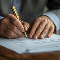 Ultra-realistic stock photo of a man signing a contract at a desk, focused and professional in a modern office setting.

