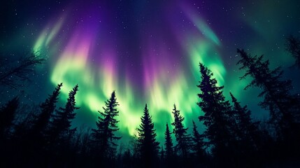 vibrant aurora borealis lights display over silhouetted pine trees at night.