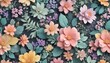 © Far - Intricate floral pattern with interlocking flowers and leaves in a mix of bright and pastel colors, design, vibrant