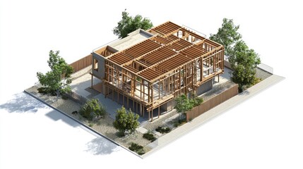 Wall Mural - A 3D model of a partially constructed wooden building surrounded by greenery.