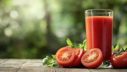 Wall Mural - A glass of vibrant red tomato juice on a rustic wooden table with freshly sliced red tomatoes