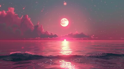 Wall Mural - Anime Pink Sky with Moon and Sea.