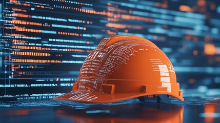 orange construction helmet with digital codes on blue background representing technology and safety 