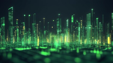 Aufkleber - Green Digital Skyline With Futuristic Skyscrapers In A Virtual Cyber World : Generative AI