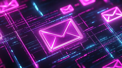 Poster - Neon Digital Envelope Icon on Futuristic AI Background for Technology Themes : Generative AI